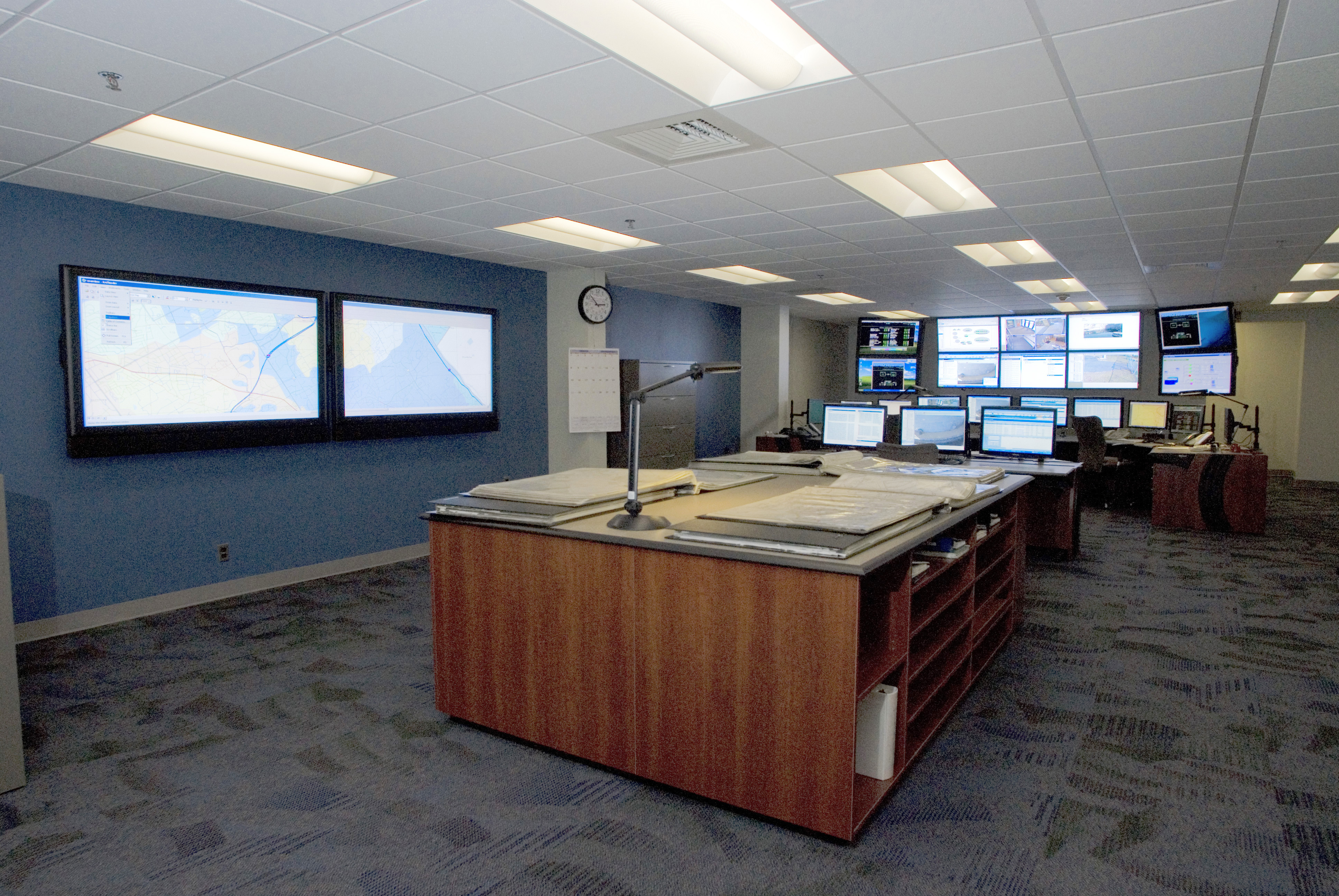 View from back of room of water and gas control room