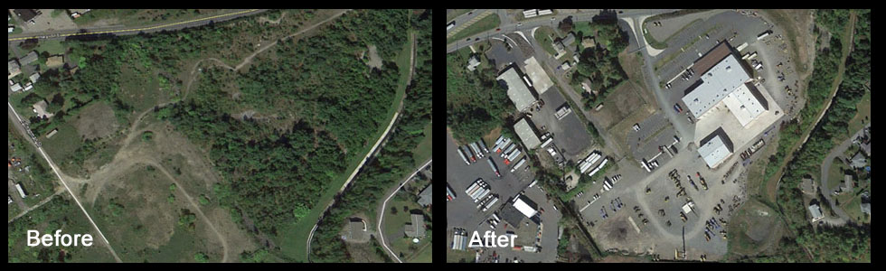 Before and after land development for Cleveland Brothers facility